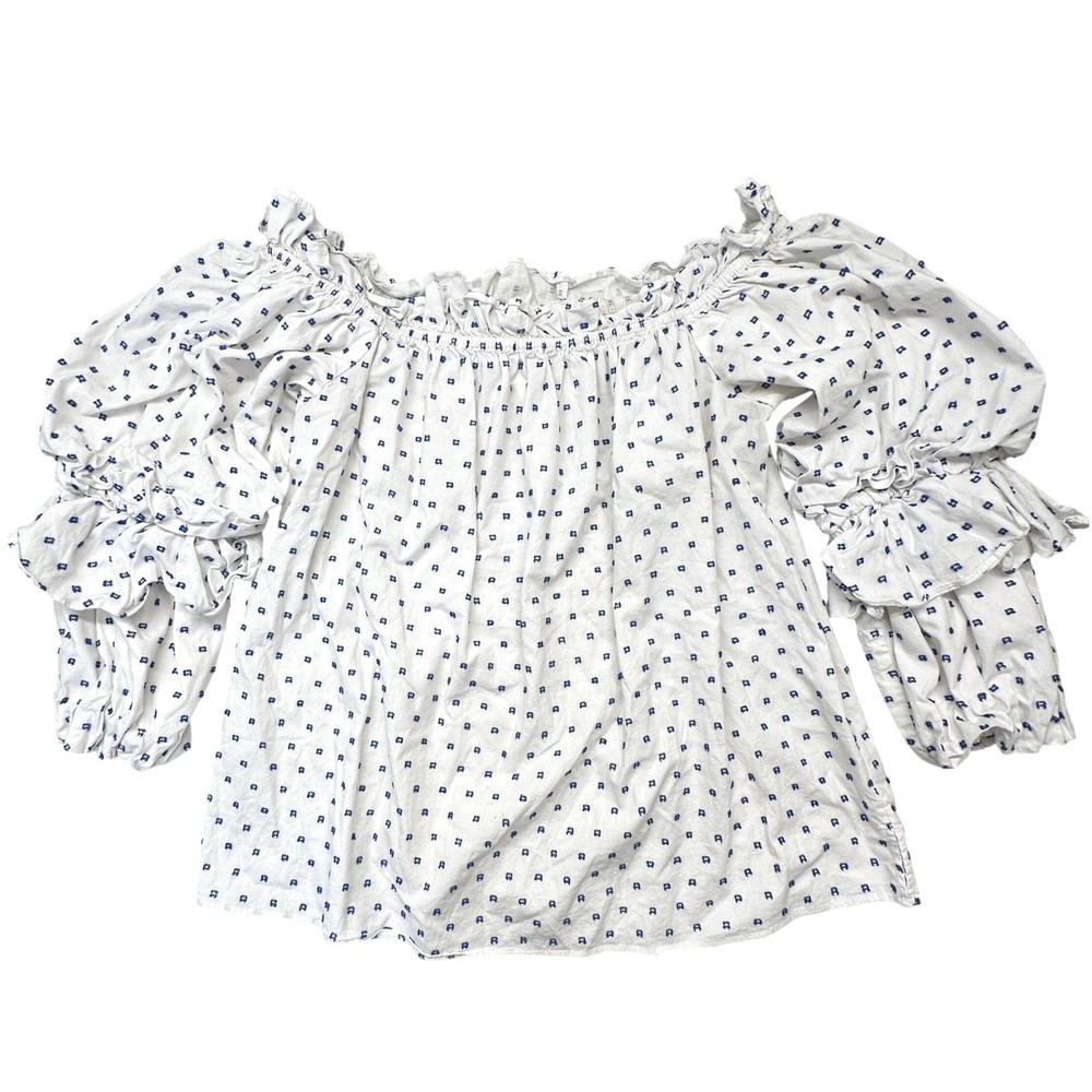 Olivia Culpo x Le Tote Ruffle Sleeve Blouse S Blue White Off Shoulder Resort